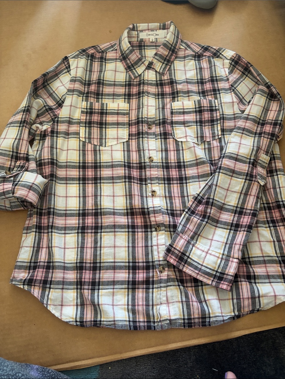 Eden & Olivia Pink, Black & Cream Plaid Button-Down Shirt